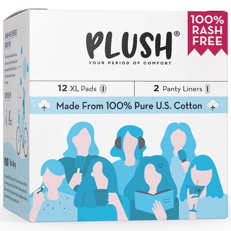 Plush 100% Pure US Cotton Ultra-Thin Rash Free Natural Sanitary Pads - 12 Pads || 12 XL Pads, 2 Panty Liners