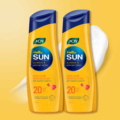Joy Hello Sun Body Sunscreen Lotion SPF20 PA++ (300 ml x 2) | UVA + UVB Protection | Tan Control and restores Glow | Lightweight, Fast Absorbing & Zero White Cast | For Normal to Oily Skin