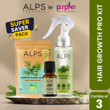 Alps Goodness Rosemary Hair Growth Pro Kit (Pack of 3) | Rosemary & Curry Leaf Powder (50 gm), Rosemary Water (100 ml) & Rosemary Essential Oil (10 ml) | Thick-Long Hair | Face & Hair Mask