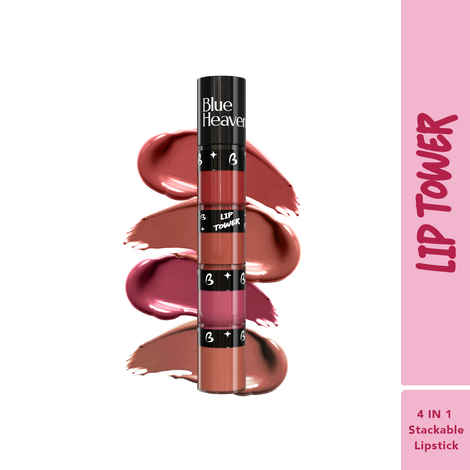 Blue Heaven Lip Tower 4-in-1 Stackable Liquid Lipstick Combo Set | Infused with Cocoa Butter & Rosehip Oil | Mousse Texture | Soft Matte Finish Nude Lipstick set | Intense Color Payoff, 6 ml