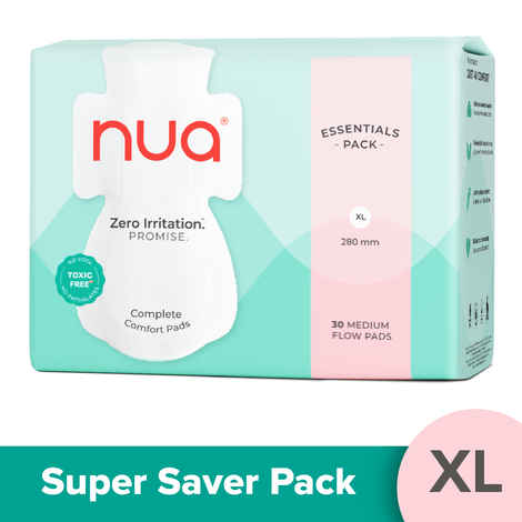 Nua Complete Comfort Pads | Zero Irritation Promise | Essentials Pack | Super Saver| 4x Comfort | 100% Toxic-free | Medium flow 30 pads