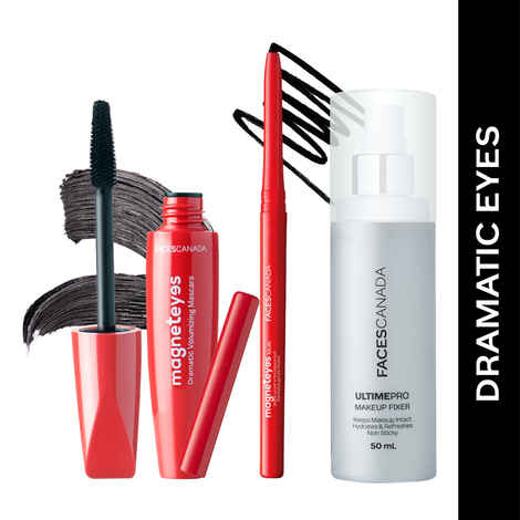 FACES CANADA Dramatic Eyes Combo - Magneteyes Kajal - Black (0.35 gm) + Magneteyes Dramatic Volumizing Mascara - Black (9.5 ml) + Ultime Pro Makeup Fixer (50 ml) | Long Lasting Makeup Setting Spray | Waterproof & Smudgeproof