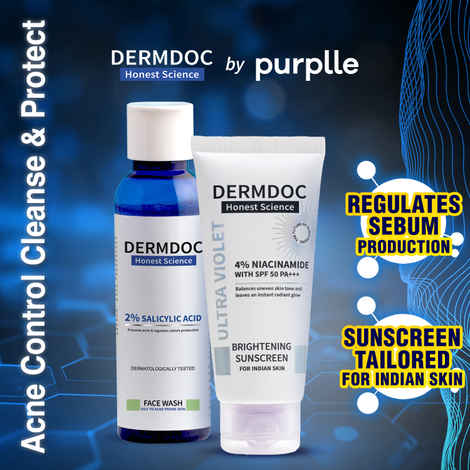 DERMDOC Acne Control Cleanse & Sun-Protect Combo (2% Salicylic Acid Facewash (120 ml) + 4% Niacinamide Brightening Sunscreen SPF 50 PA+++ (50 gm)