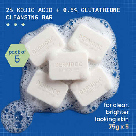 Buy DERMDOC by Purplle 2% Kojic Acid and 0.5% Glutathione Cleansing Bar (75 gm each) Pack of 5 | Brightening | Gentle Cleansing Action | Sensitive Skin Friendly - Purplle