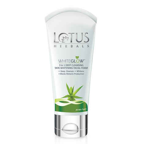Lotus Herbals Whiteglow 3 In 1 Deep Cleaning Skin Whitening Facial Foam | Chemical Free | With Milk Enzymes & Aloe Vera Gel | For All Skin Types | 100 gm
