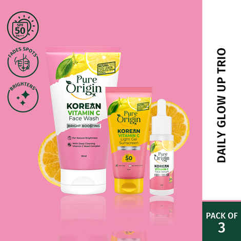Pure Origin Korean Vitamin C Glow Up Trio | Brightening Serum (30 ml), SPF 50 PA+++ Sunscreen (50 gm) & Face Wash with Microbeads (150 ml) | Reduces Dark Spots, Dullness & Uneven Skin Tone | Visibly Bright Skin | All Skin Types - Combo of 3