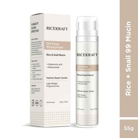 Ricekraft Oil free moisturizer with Rice, Snail Mucin 99, Hyaluronic acid and Niacinamide | Light weight formuation | Korean face moisturizer for Soft & Plump skin | Fragrance Free | For Oily, Dry, Combination skin | For Men & Women | 55 gm