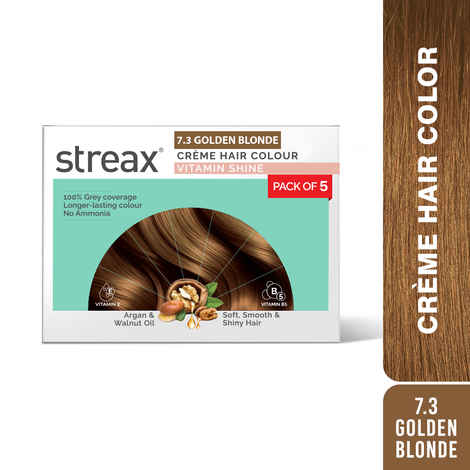 Streax Creme Permanent Hair Colour - 7.3 Golden Blonde Hair Color- 45 gm (Pack of 5)