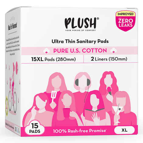 Buy PLUSH Ultra-Thin Extra Large Sanitary Pads for Women, 15 Pcs | For Light-Medium Flow | 2 Panty Liners | 100% Rash-Free | Pure U.S. Cotton Sanitary Napkins - Purplle