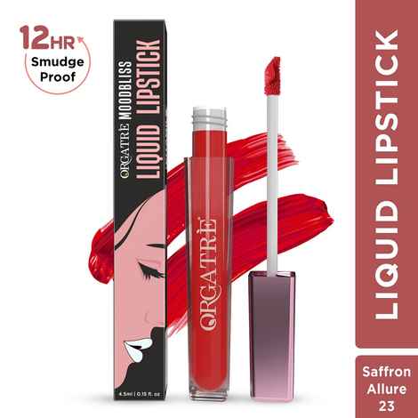 ORGATRE Moodbliss Liquid Lipstick | Long-Lasting, Transfer-Resistant & Hydrating Formula | Vibrant Gloss Finish with Intense Pigmentation | 12-Hour Smudge-Proof | Lightweight & Non-Drying | 4.5 ml, Saffron Allure