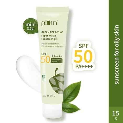 Plum Green Tea & Zinc Super-Matte Sunscreen Gel | SPF 50 PA ++++, Formulated For Oily Skin | Protects & Controls Oil | Lightweight Gel Texture | No White Cast & Non-sticky | With Hybrid Filters |Fragrance-Free | 100% Vegan | 15 gm