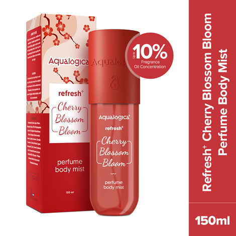 Aqualogica Refresh+ Cherry Blossom Bloom Perfume Body Mist with Zemea and Hyaluronic Acid 150 ml | Long Lasting Fragrance Floral & Sweet Fragrance I Up To 10% Fragrance Oil Concentration | Hydrating & Non-Irritating I Skin Friendly