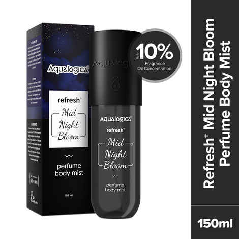Aqualogica Refresh+ Mid Night Bloom Perfume Body Mist - 150 ml Dark & Sensual Notes of Raspberry & Amber | Long- Lasting Fragrance | Up To 10% Fragrance Oil Concentration | Non-Irritating & Hydrating | Infused with Zemea & Hyaluronic Acid