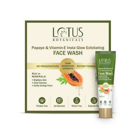 Lotus Botanicals Papaya & Vitamin E Insta Glow Exfoliating Face Wash | Brightens Skin | Deep Cleanses & Gently Unclogs Pores | Rich in MINERALS | Suitable for All Skin Types | 7 gm