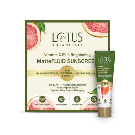 Lotus Botanicals Vitamin C Skin Brightening MatteFLUID Sunscreen | SPF 50 Pa+++ | 100X Vitamin C | UVA/UVB Sun Protection | Brightens Skin | No White Cast | Water Resistant | All Skin Types | For Men & Women 5 gm