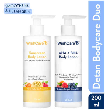 WishCare Detan Combo Sunscreen SPF 50 Broad Spectrum & 10% AHA + 1% BHA Body Lotion Combo of 2