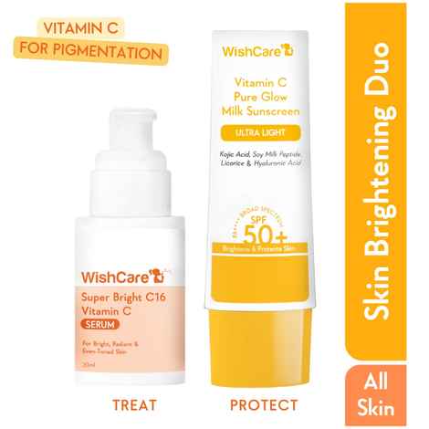 Buy WishCare Brightening Face Duo - Vitamin C Pure Glow Face Sunscreen & Super Bright C16 Vitamin C Face Serum Combo of 2 - Purplle