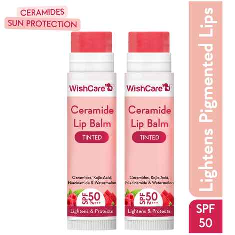 WishCare Tinted Ceramide Lip Balm with SPF50 PA+++ - Kojic Acid & Niacinamide - For Brightens & Protect- Pack of 2