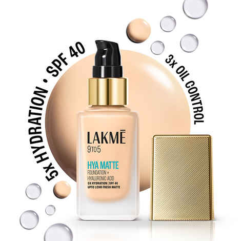 Lakme 9to5 Hya Matte Foundation + Hyaluronic Acid, 5X Hydration, SPF 40, Upto 12 Hrs Matte Finish, Warm Light - 25 ml