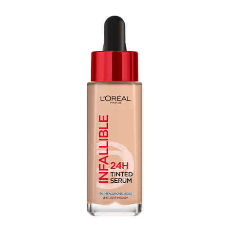 L’Oreal Paris Infallible 24H Tinted Serum Foundation, Light-weight Coverage, Dewy & Radiant Finish, Transfer-proof, 3-4 Light - Medium, 30 ml