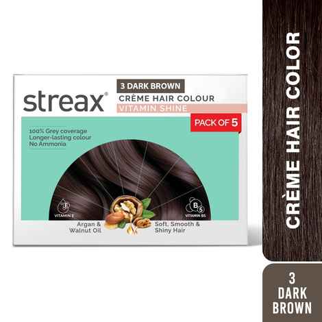 Streax Creme Permanent Hair Colour - 3 Dark Brown Hair Color- 45 gm (Pack of 5)