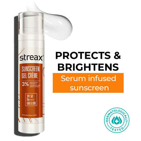Streax Sunscreen Gel Creme SPF 50 PA+++, 50g | 3% Niacinamide | Non-Oily, No White Cast 50 gm