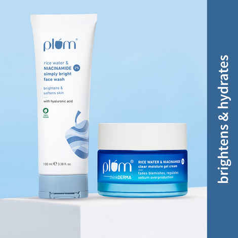 Plum Niacinamide Cleanse and Moisturize Duo (2% Niacinamide Face Wash With Rice Water 100 ml + Rice Water & 2% Niacinamide Clear Moisture Gel Cream | 50 gm)