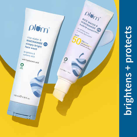 Plum Bright & Protect Duo - 2% Niacinamide Face Wash With Rice Water - 100 ml + 2% Niacinamide Sunscreen SPF 50 PA+++ With Rice Water - 50 gm