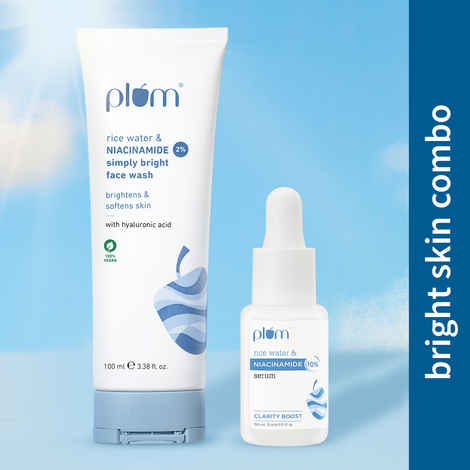 Plum Clear & Bright Duo-10% Niacinamide Face Serum with Rice Water - 15 ml + 2% Niacinamide Face Wash With Rice Water - 100 ml