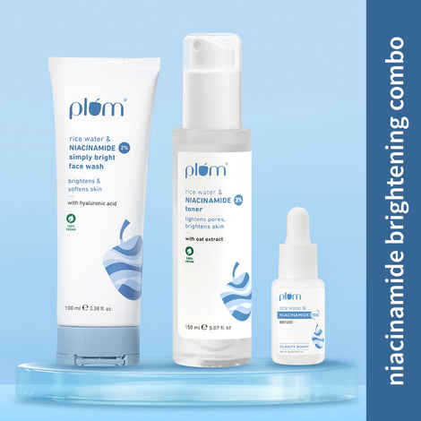 Plum Glow Essentials- Simply Bright 2% Niacinamide Face Wash With Rice Water | 100 ml + 3% Niacinamide & Rice Water Alcohol-Free Toner - 150 ml + 10% Niacinamide Face Serum with Rice Water-15 ml
