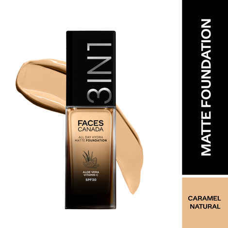 FACES CANADA All Day Hydra Matte Foundation | 3-in-1 Foundation + Moisturizer + SPF30 | 10HR Long Wear | Buildable Coverage | Caramel Natural 023, 30 ml