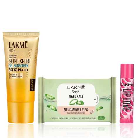 Lakme On-the-Go Sun Defense Combo (Sun Expert Gel Sunscreen SPF 50 50 gm + 9to5 Aloe Cleansing Wipes 25 Wipes + Lip Love Care Stick Strawberry 4.5 gm) Combo of 3