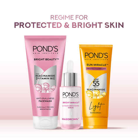 Ponds Bright Glow & Sun Protection Kit (Brightening Facewash 150 gm + Gluta Niacinamide Complex Serum 14 ml + Sun Miracle SPF 55 Sunscreen 50 gm) Combo of 3