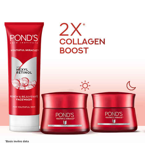 Ponds Youthful Miracle Repair & Renew Skincare Combo (Hexyl Retinol Day Cream SPF 15 35 gm + Hexyl Retinol Night Cream 50 gm + Renew & Rejuvenate Facewash 100 gm) Combo of 3