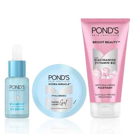 Pond’s Deep Hydration & Fresh Glow Combo (Super Light Gel with Hyaluronic Acid & Vitamin E 200 ml + Hydra Miracle Hyaluronic Acid Complex 2% Serum 14 ml + Bright Beauty Facewash with Niacinamide 150 gm) Combo of 3
