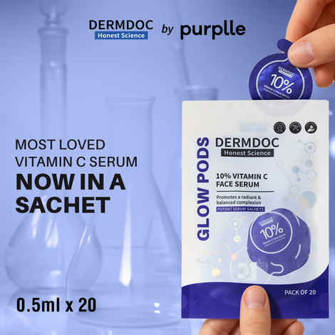 DERMDOC 10% Vitamin C Face Serum Glow Pods (Pack of 20 * 0.5ml Each) | Potent Face Serum Sachets | Travel-Friendly | Brightening | Fights Dark Spots, Pigmentation & Dull Skin