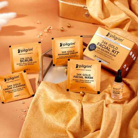 Pilgrim 24K GOLD FACIAL KIT For Instant Radiance & Golden Glow with 5 easy steps, with Gold Cream Cleanser, Gold Scrub, Gold Massage Cream, Gold Facial Mask, Gold Serum, All Skin types - 80.18 gm