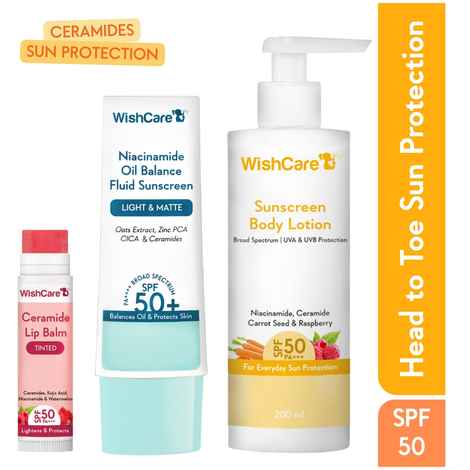 WishCare Head-to-Toe Sun Protection SPF 50 PA++++ Kit with Niacinamide & Ceramide- Face, Lip & Body 255 gm