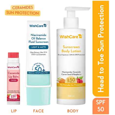Buy WishCare Head-to-Toe Sun Protection SPF 50 PA++++ Kit with Niacinamide & Ceramide- Face, Lip & Body 255 gm - Purplle