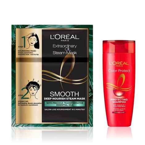 L'Oreal Shine armour kit (Shampoo Vibrant & Revived Colour For Colour-treated Hair Protects from UVA & UVB Colour Protect)-340 ml + (Extraordinary Oil Smooth Steam Mask (Paraben Free)| With Precious Essential Oils)-20 ml + 40gm