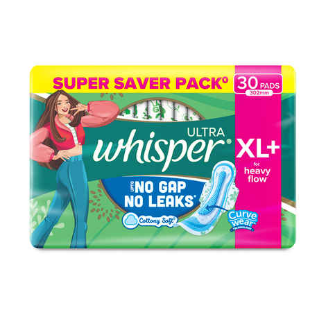 Whisper Ultra Upto No Gap No Leaks Sanitary Pads, XL+ Pads, For Heavy Flow Protection, 30 pads