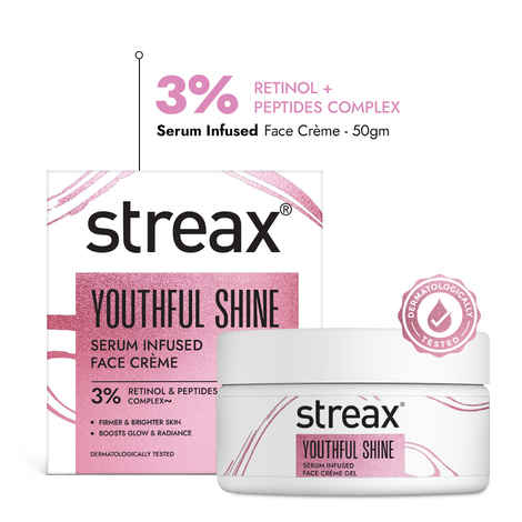 Streax Youthful Shine Serum Infused Face Cream Gel, 50 gm with 3% Retinol & Peptides Complex