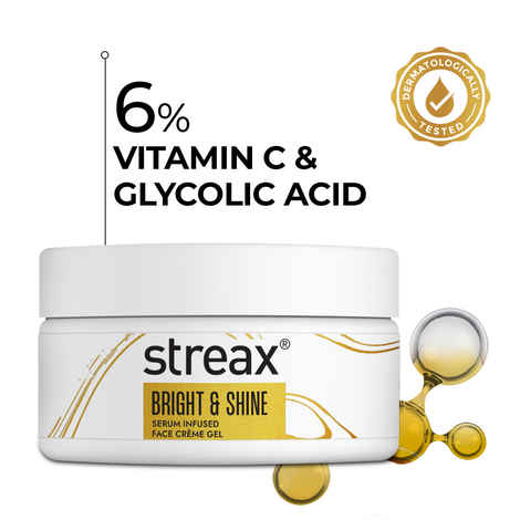Streax Bright & Shine Serum Infused Face Cream Gel, 50 gm with 6% Vitamin C & Glycolic Acid