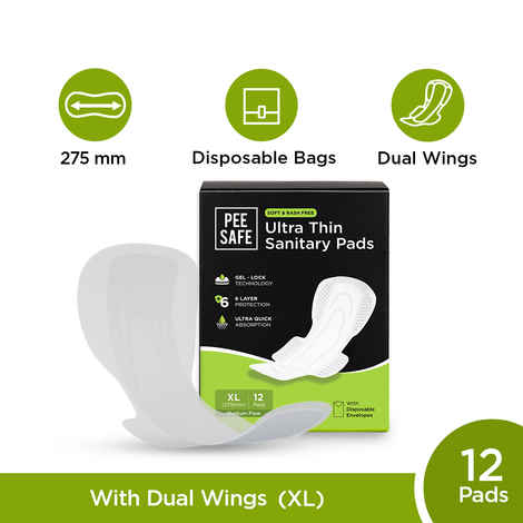 Pee Safe Ultra Thin Cottony Soft & Rash Free Sanitary Pads - XL ( 12 Pads)