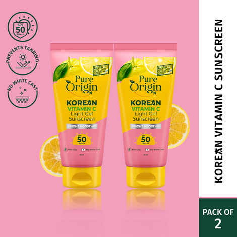 Pure Origin Korean Vitamin C Light Gel Sunscreen with SPF 50 & PA+++ | No White Cast | Suitable for Oily, Dry & Combination Skin | Broad Spectrum, Non-sticky & Lightweight | Brightens Skin & Prevents Tan | 50 gm (Pack of 2)