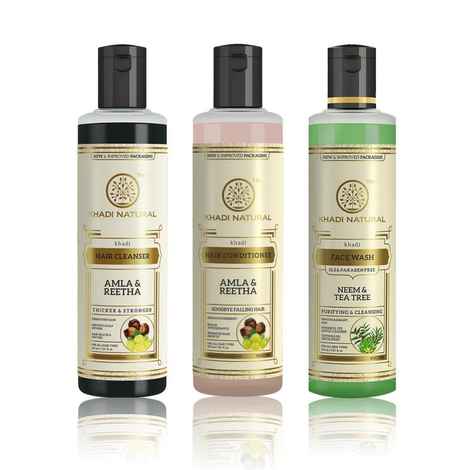 Buy Khadi Natural Bath Essential Combo 2 (Amla & Reetha Cleanser 210ml | Amla & Reetha Conditioner 210ml | Neem & Teatree Face Wash 210ml) - Purplle