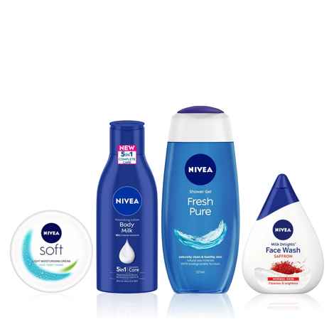Buy NIVEA Ultimate Skin Nourishment Kit 3 (Fresh Pure Shower Gel(125ml)+Saffron Face Wash(100ml)+Almond Oil Body Lotions(120ml)+Soft Moisturising Cream(50ml)) - Purplle