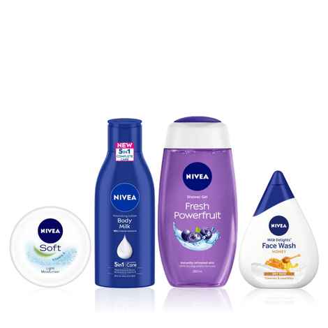 Buy NIVEA Refresh & Revive Skin Combo 4(Powerfruit Fresh Shower Gel(250ml)+Moisturizing Honey Face Wash(100ml)+Almond Oil Body Lotion(120ml)+Soft Moisturising Cream(50ml)) - Purplle