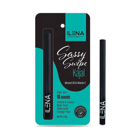 Ilena Sassy Swipe Kajal, 16 Hours Long-Lasting, Waterproof, With Almond Oil And Vitamin E, (0.3 gm), Black, No Chemical, Cruelty & Paraben Free