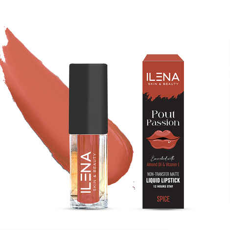 Ilena Pout Passion Non-Transfer Matte Liquid Lipstick, 12 Hours Stay, Spice Shade, Enriched With Almond Oil And Vitamin E, Natural, No Mineral Oil, Paraben & Cruelty Free (4 ml)